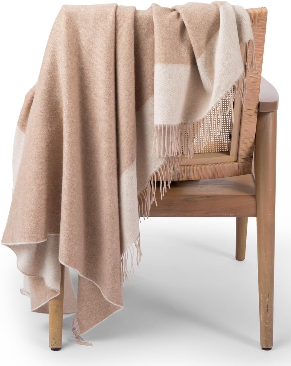 100% Cashmere Throw Blanket Natural Undyed Cashmere 67"x57" Reversible Jacquard Design Neutral Colors