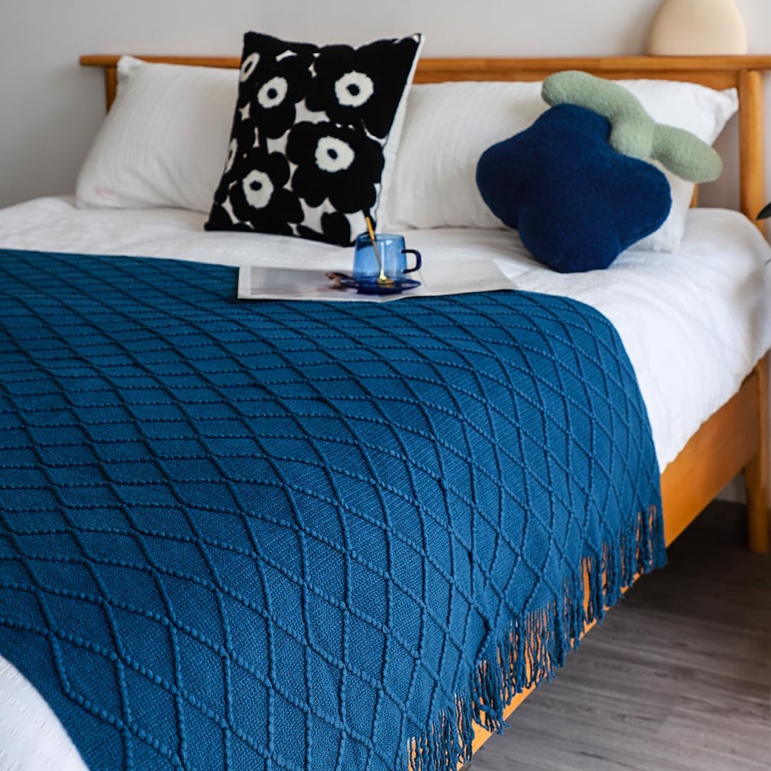 2X Royal Blue Diamond Pattern Knitted Throw Blanket Warm Cozy Woven Cover Couch Bed Sofa Home Decor with Tassels - Image 6