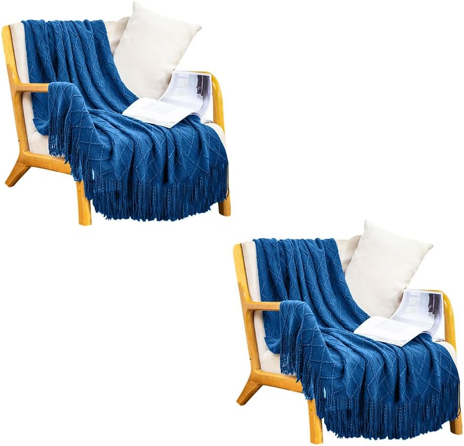 2X Royal Blue Diamond Pattern Knitted Throw Blanket Warm Cozy Woven Cover Couch Bed Sofa Home Decor with Tassels
