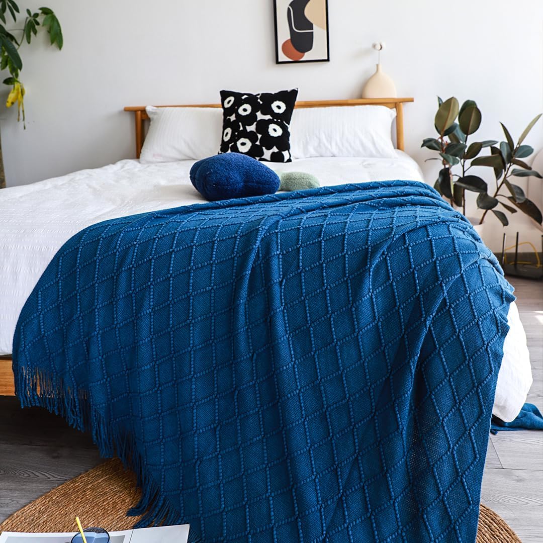 2X Royal Blue Diamond Pattern Knitted Throw Blanket Warm Cozy Woven Cover Couch Bed Sofa Home Decor with Tassels - Image 2