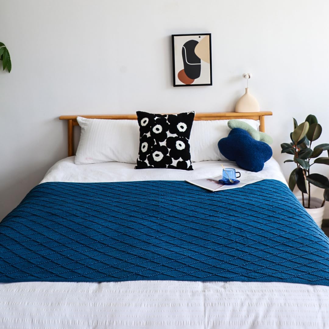 2X Royal Blue Diamond Pattern Knitted Throw Blanket Warm Cozy Woven Cover Couch Bed Sofa Home Decor with Tassels - Image 5