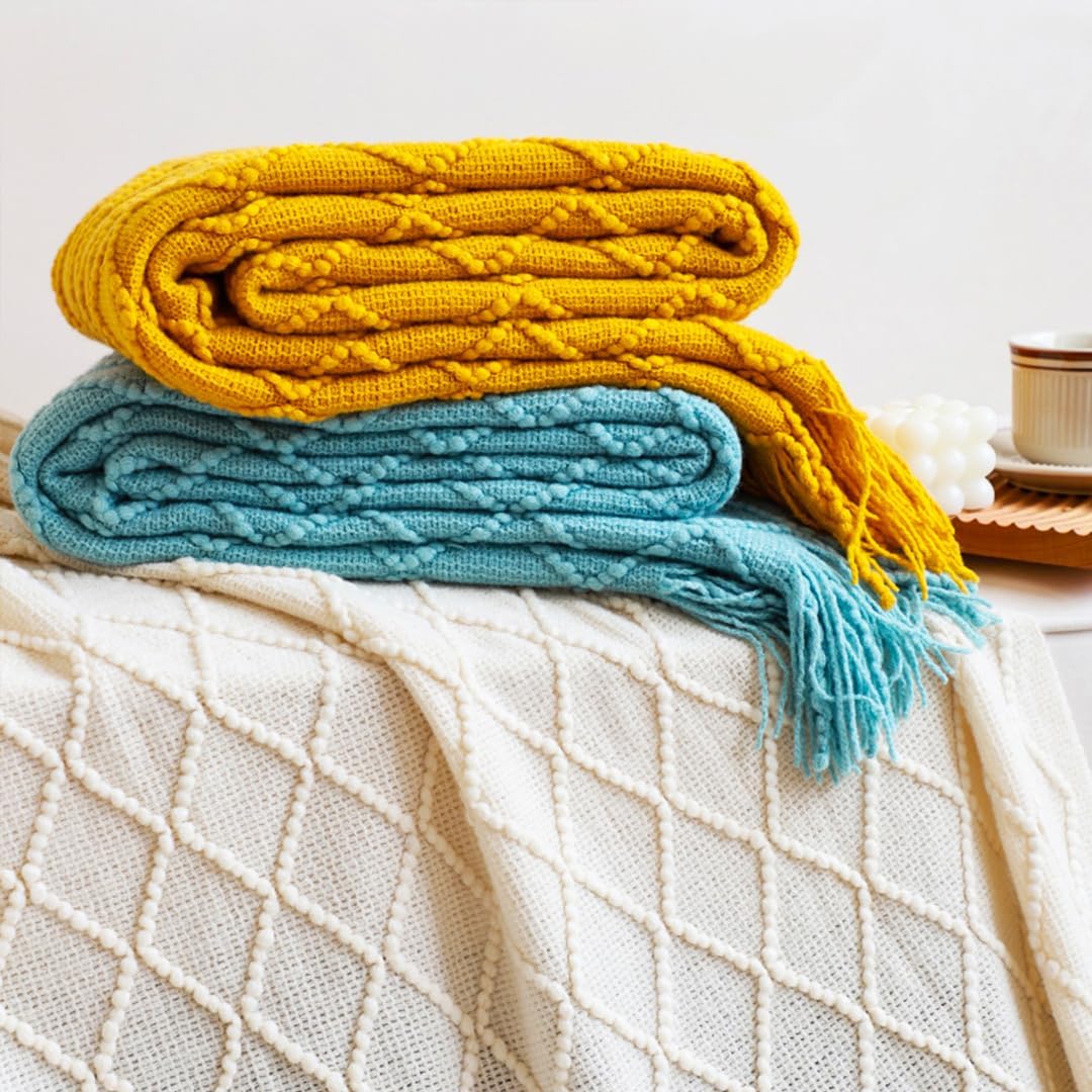 2X Yellow Diamond Pattern Knitted Throw Blanket Warm Cozy Woven Cover Couch Bed Sofa Home Decor with Tassels - Image 4