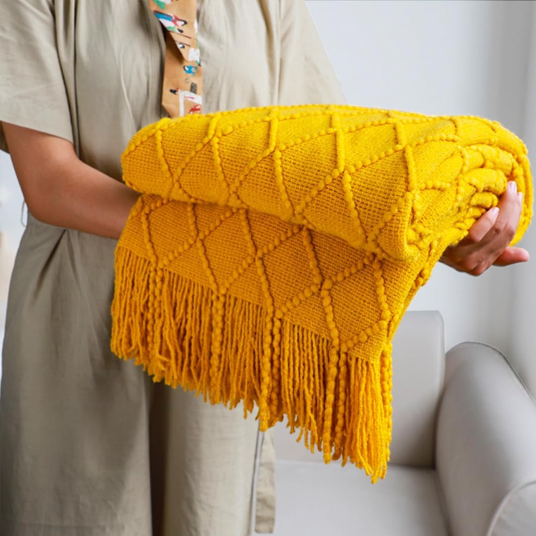 2X Yellow Diamond Pattern Knitted Throw Blanket Warm Cozy Woven Cover Couch Bed Sofa Home Decor with Tassels - Image 2