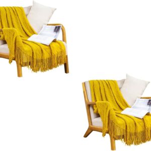 2X Yellow Diamond Pattern Knitted Throw Blanket Warm Cozy Woven Cover Couch Bed Sofa Home Decor with Tassels