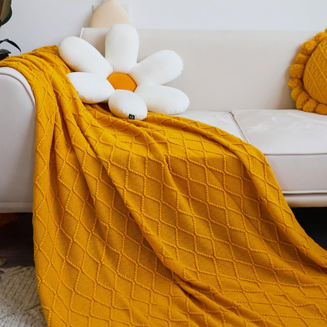 2X Yellow Diamond Pattern Knitted Throw Blanket Warm Cozy Woven Cover Couch Bed Sofa Home Decor with Tassels - Image 8