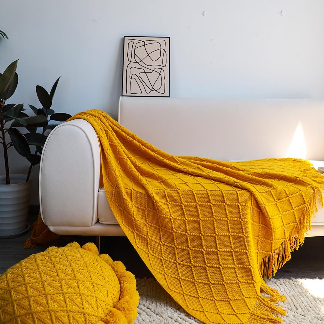 2X Yellow Diamond Pattern Knitted Throw Blanket Warm Cozy Woven Cover Couch Bed Sofa Home Decor with Tassels - Image 7