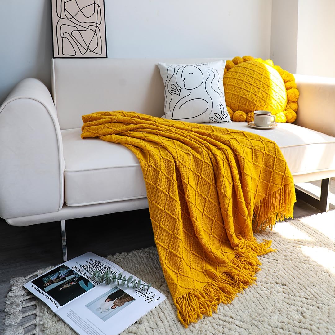 2X Yellow Diamond Pattern Knitted Throw Blanket Warm Cozy Woven Cover Couch Bed Sofa Home Decor with Tassels - Image 9