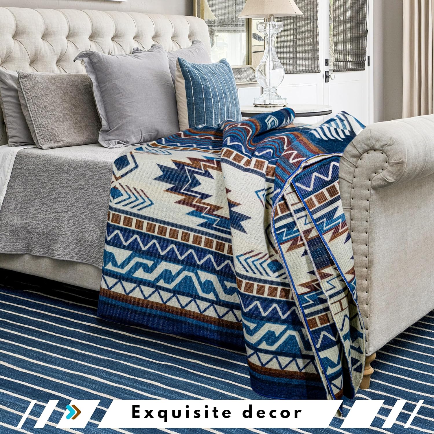 Alpaca Wool Throw Blanket,Queen Size Native Design Wool Blanket, Throw Aztec Pattern Alpaca Wool Throw Blanket (Blue, Queen 93" x 82") - Image 3