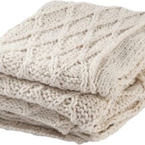 Benjara Lyla 50 Inch Cotton Throw Blanket, Hand Knitted Diamond Pattern, White