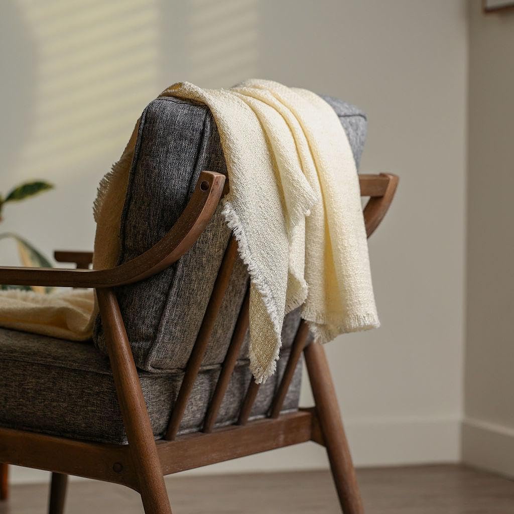 Boucle Home Cream White Woolen Throw Blanket | Large 57\u201D X 70\u201D Inches + 1" Fringe | Acrylic Blend Couch, Sofa, and Bed Blanket | Interior Home Decor Design | Decorative Living Room with Fringe - Image 3