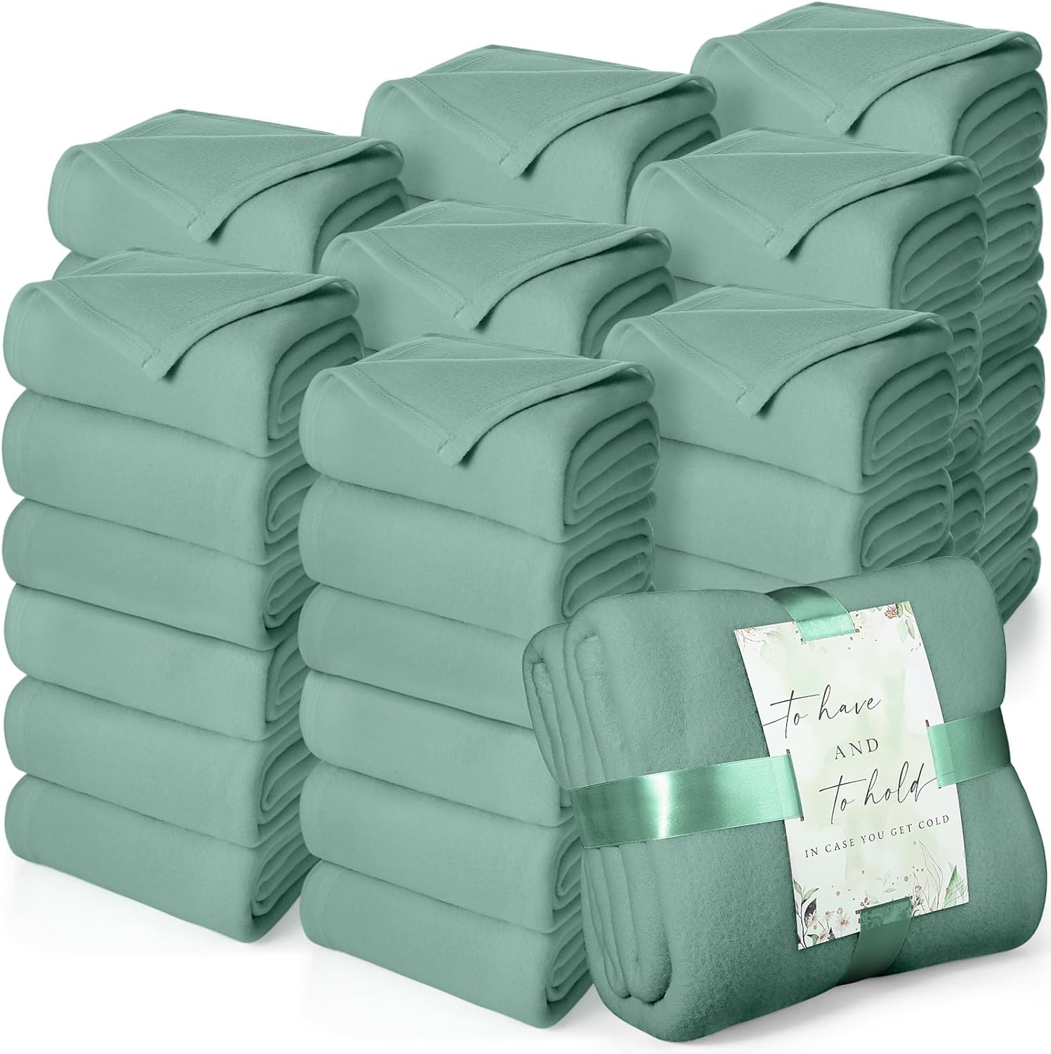 Buryeah 48 Pack Oeko-tex Certified Wedding Flannel Throw Blanket Bulk 50 x 60 Inch Soft Fleece Lap Blanket with Thank You Cards Ribbon for Guests Sleepover Spa Slumber Favors Gifts (Lake Blue)