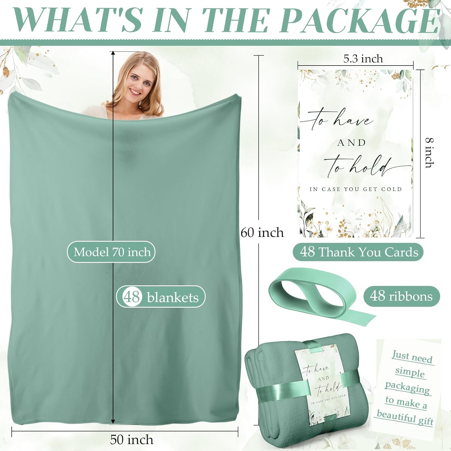 Buryeah 48 Pack Oeko-tex Certified Wedding Flannel Throw Blanket Bulk 50 x 60 Inch Soft Fleece Lap Blanket with Thank You Cards Ribbon for Guests Sleepover Spa Slumber Favors Gifts (Lake Blue) - Image 2