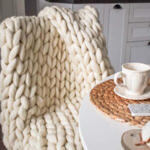 Chunky Knit Blanket Hand Made Merino Wool Throw Boho Bedroom Sofa Home Decor Giant Yarn(Ivory White 80"x80")