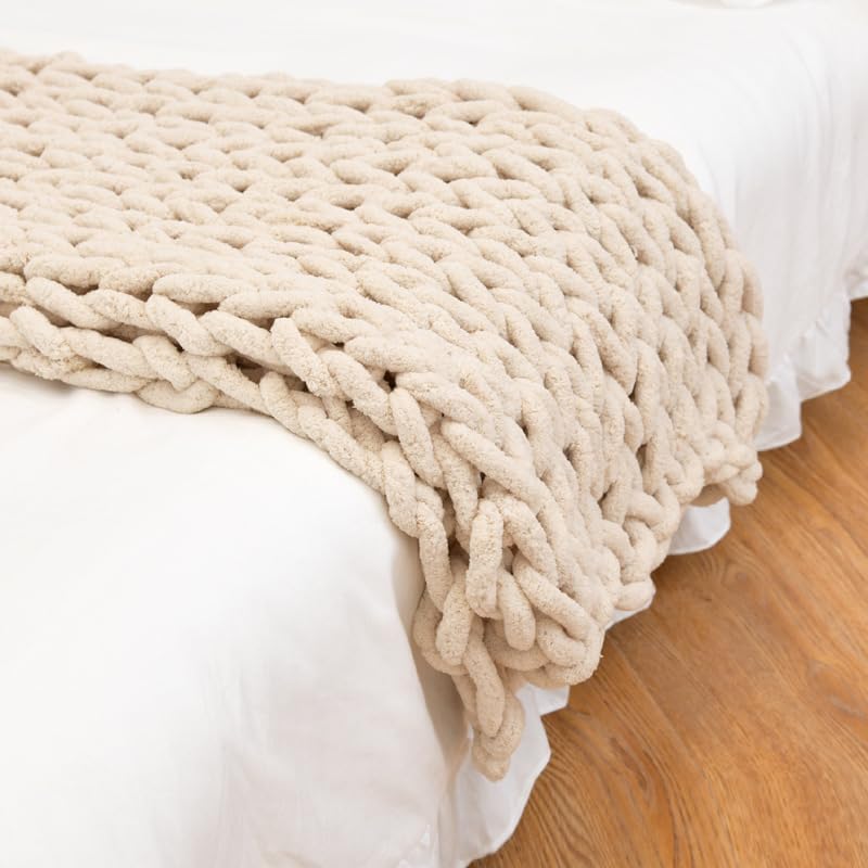 Chunky Knit Blanket \u2013 Ultra Soft, Cozy Plush Throw for Living Room, Bedroom, Decorative Home Accent in Multiple Colors (Gray, Black, Beige, White, Pink) (Begie, 78.7 x 78.7 inches)
