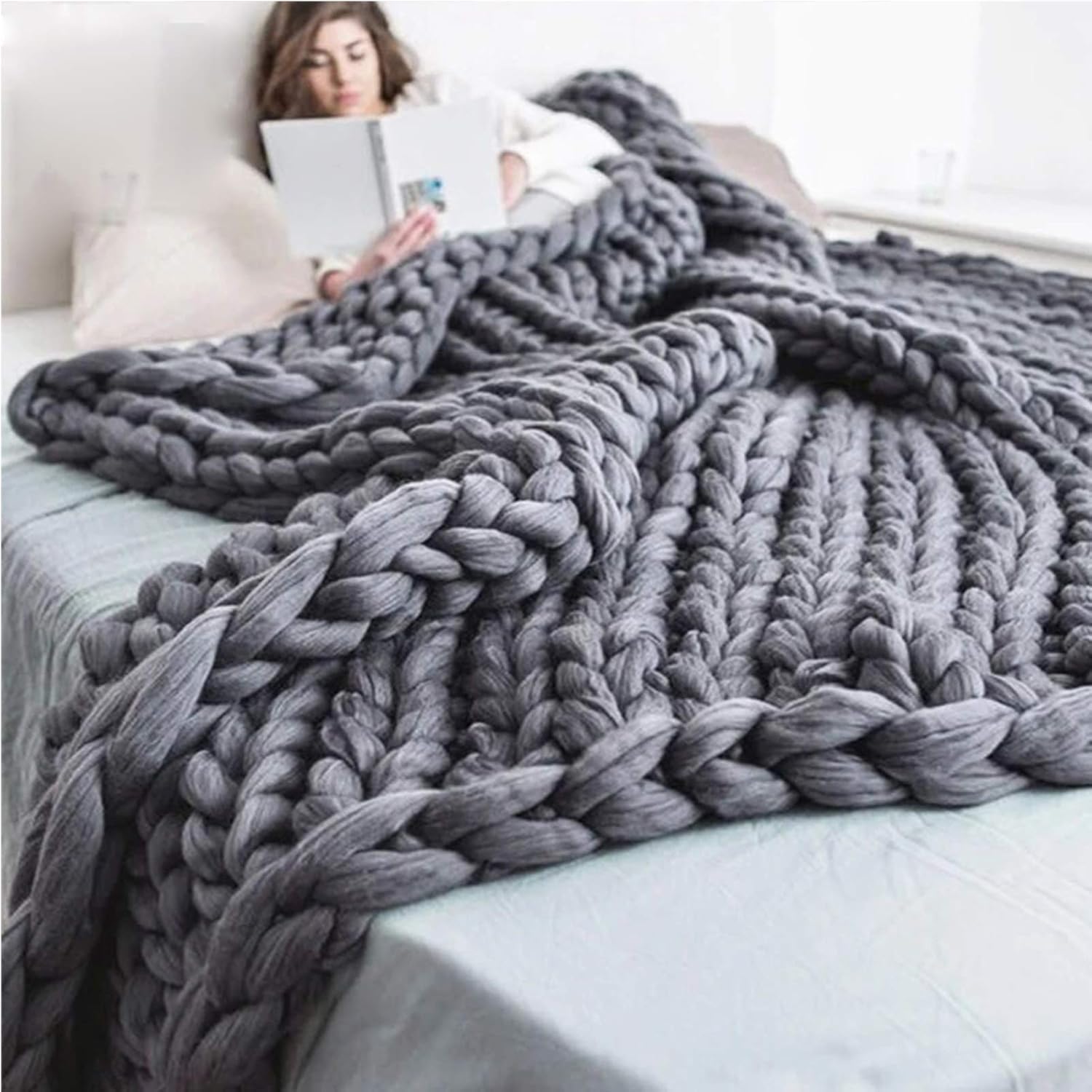 Chunky Knit Throw Blanket Inverse Growth Handmade Knitted Chenille Blankets Warm Soft Cozy Breathable for Sofa Couch Bed Home Decor Giant Yarn - Image 8