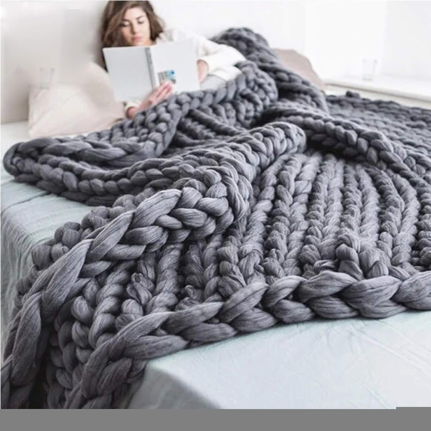 Chunky Knit Throw Blanket Inverse Growth Handmade Knitted Chenille Blankets Warm Soft Cozy Breathable for Sofa Couch Bed Home Decor Giant Yarn - Image 16