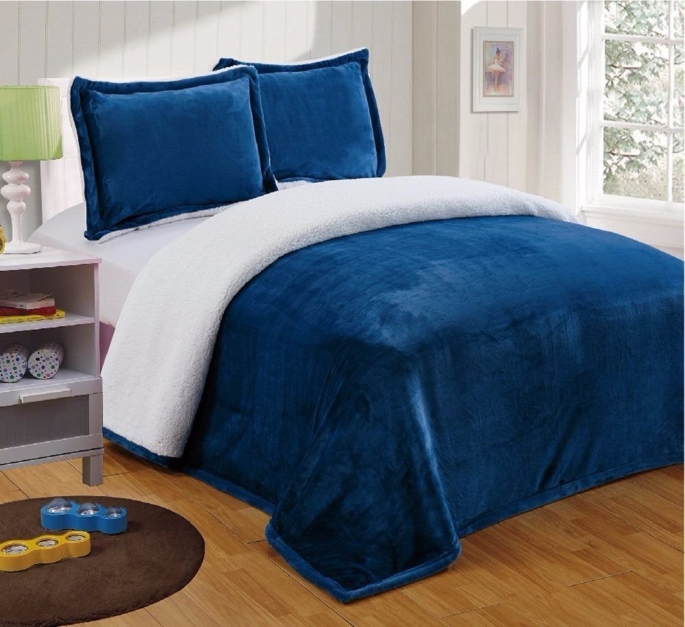 Collection Reversible Micro-Mink Sherpa Throw Blanket King, Navy