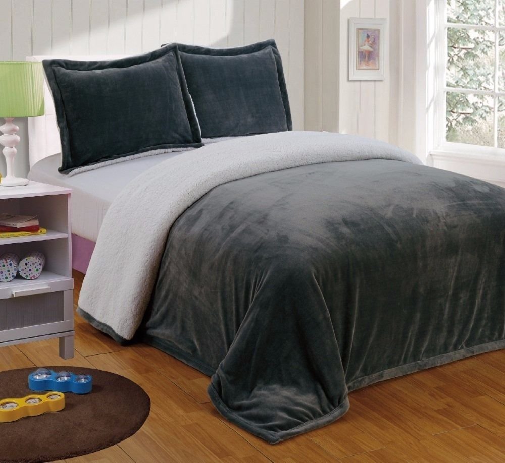 Collection Reversible Micro-Mink Sherpa Throw Blanket Queen, Gray