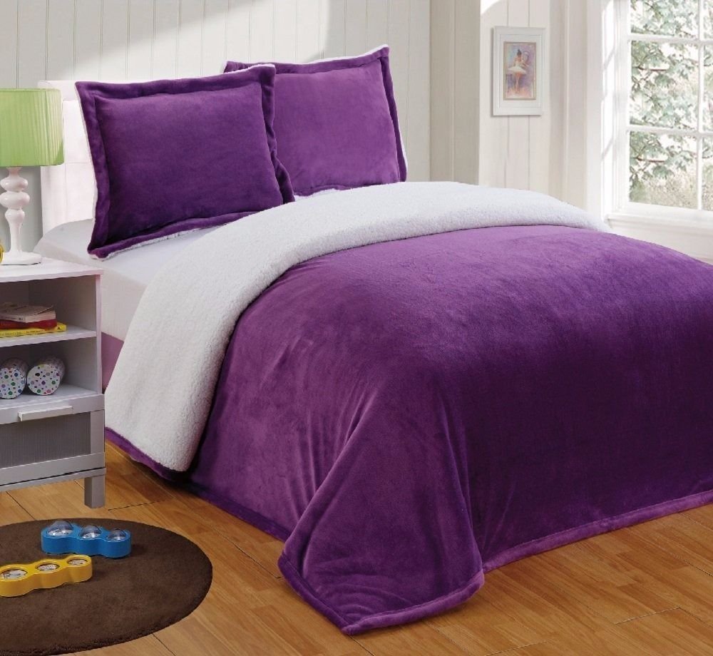 Collection Reversible Micro-Mink Sherpa Throw Blanket Queen, Purple