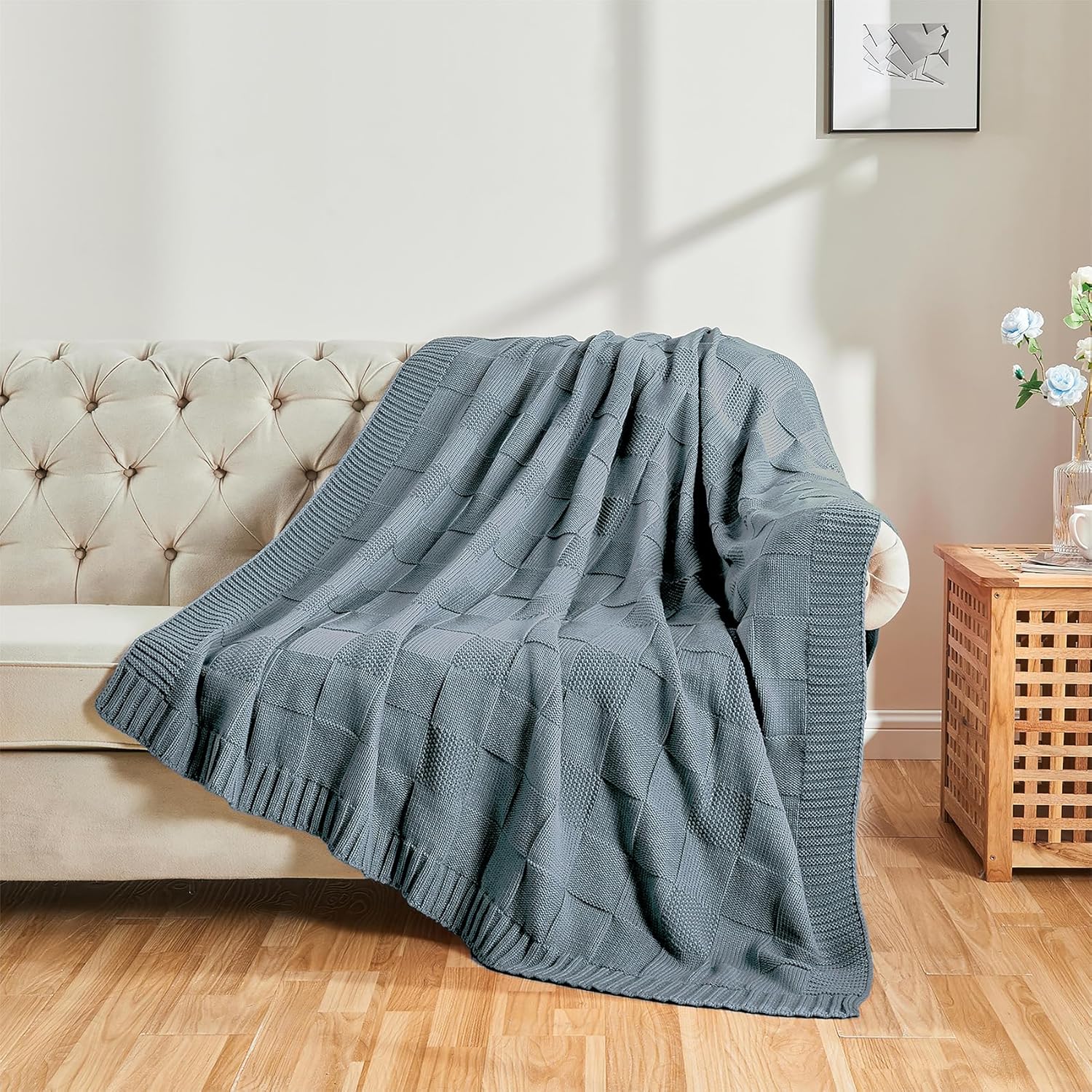 CozeCube Check Knit Throw Blanket Dusty Blue Checkered Knitted 60"X80" i##e##s: Soft ^^ Cozy ^^ Warm ^^ Throw for Couch ^^ Blanket for Bed ^^ Decorative ^^ Living Room ^^ Sofa ^^ Christmas :i##e##s - Image 6