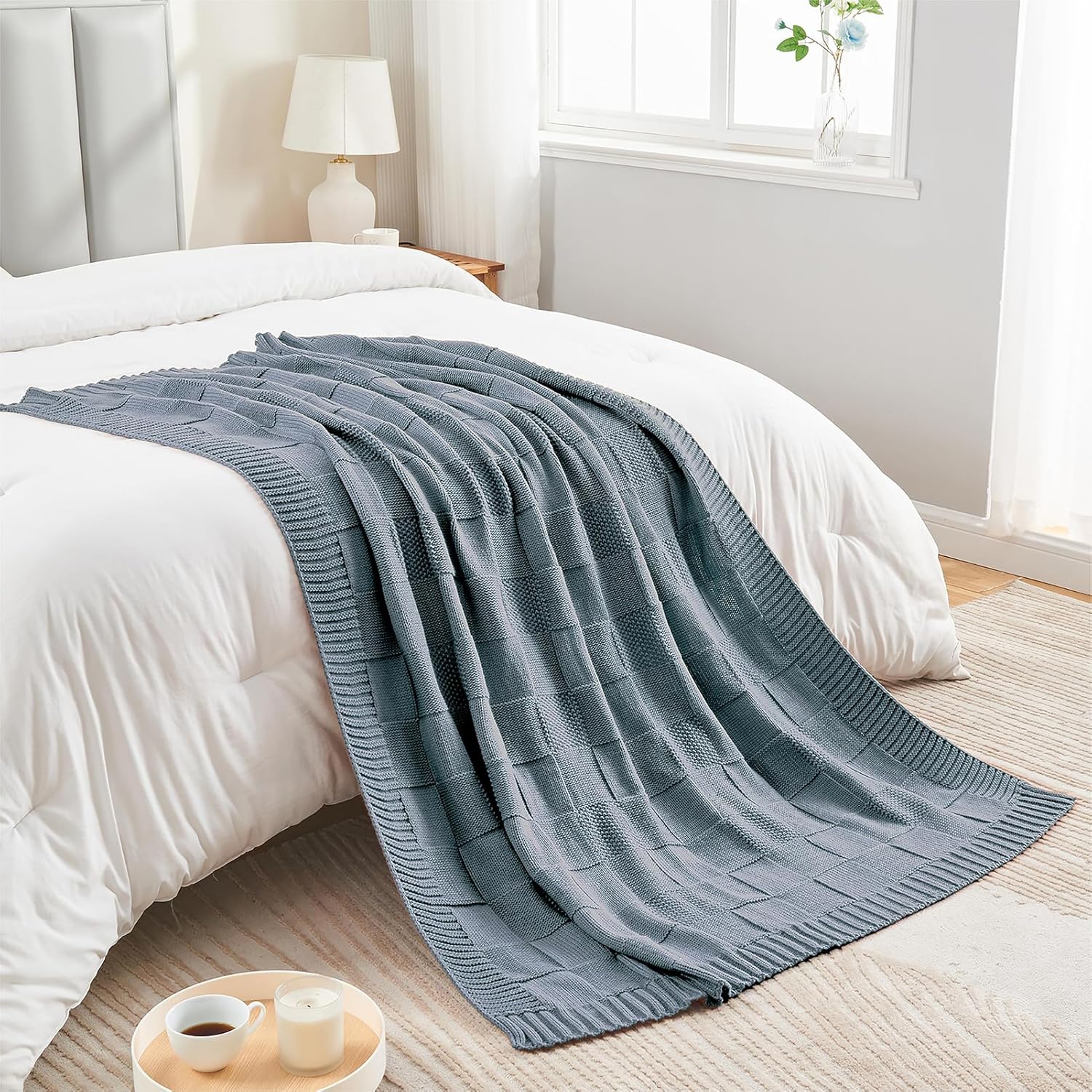 CozeCube Check Knit Throw Blanket Dusty Blue Checkered Knitted 60"X80" i##e##s: Soft ^^ Cozy ^^ Warm ^^ Throw for Couch ^^ Blanket for Bed ^^ Decorative ^^ Living Room ^^ Sofa ^^ Christmas :i##e##s - Image 4