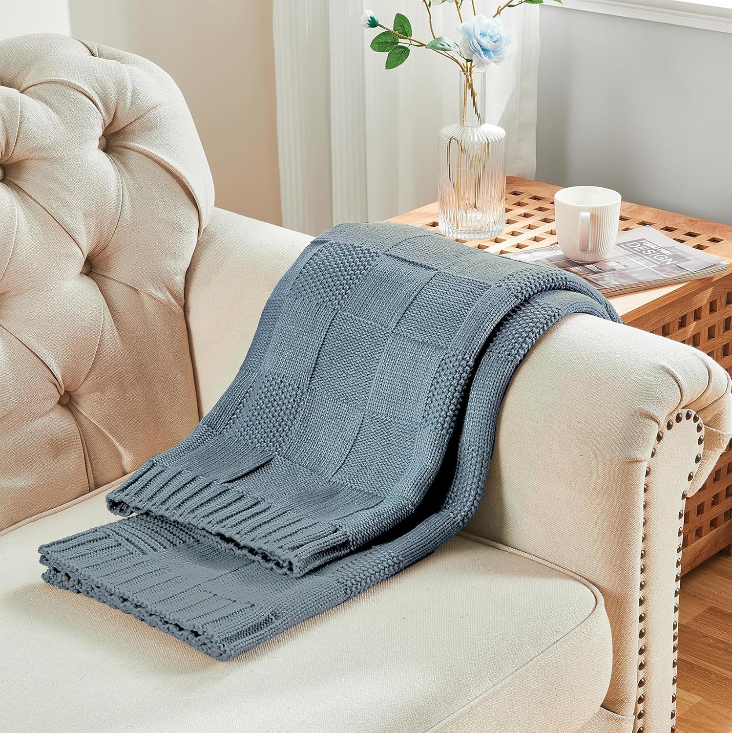 CozeCube Check Knit Throw Blanket Dusty Blue Checkered Knitted 60"X80" i##e##s: Soft ^^ Cozy ^^ Warm ^^ Throw for Couch ^^ Blanket for Bed ^^ Decorative ^^ Living Room ^^ Sofa ^^ Christmas :i##e##s - Image 7