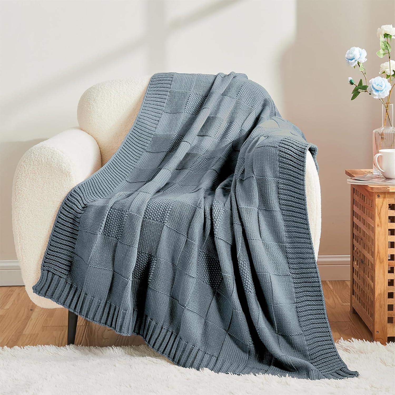 CozeCube Check Knit Throw Blanket Dusty Blue Checkered Knitted 60"X80" i##e##s: Soft ^^ Cozy ^^ Warm ^^ Throw for Couch ^^ Blanket for Bed ^^ Decorative ^^ Living Room ^^ Sofa ^^ Christmas :i##e##s - Image 8