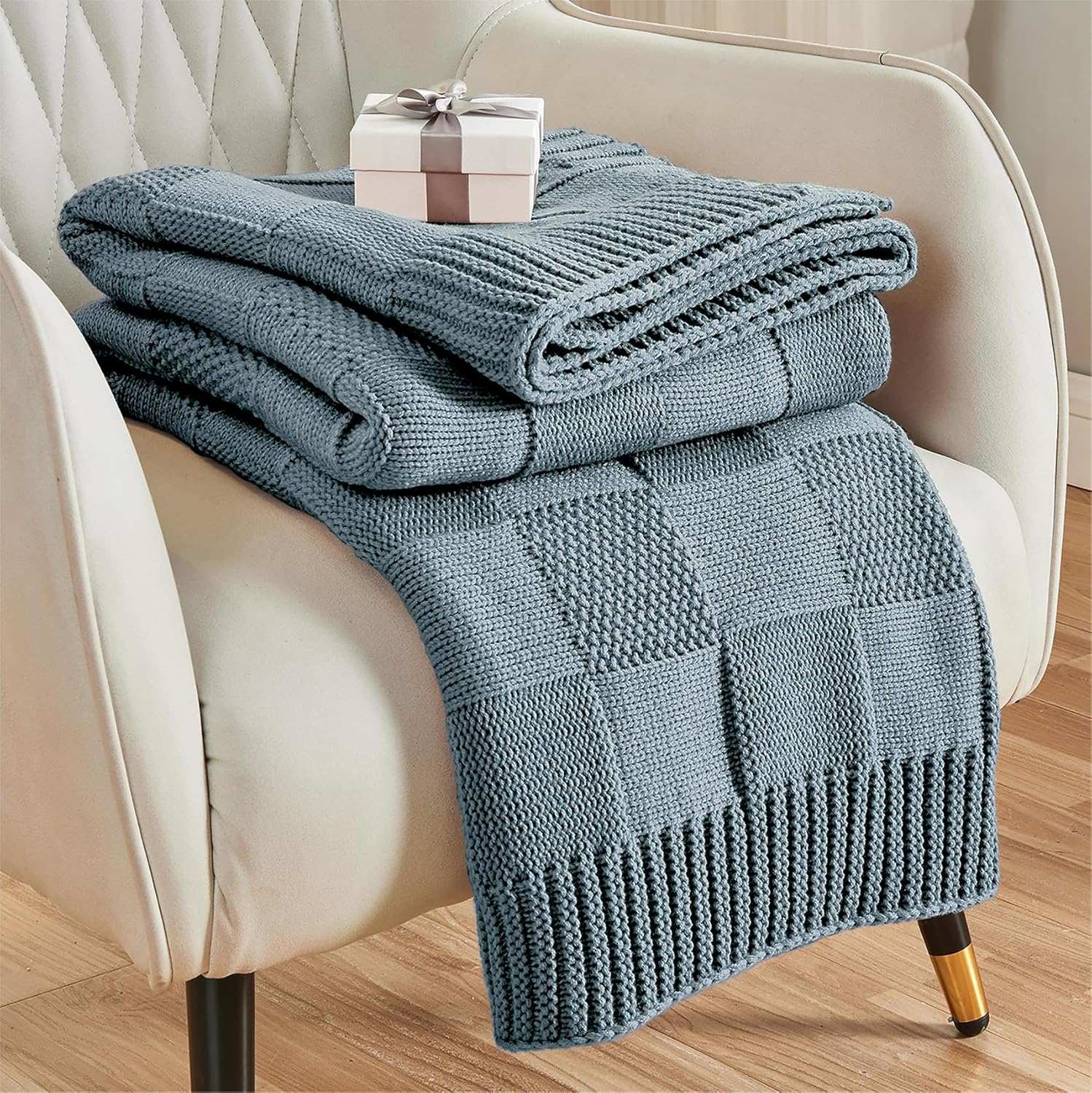 CozeCube Check Knit Throw Blanket Dusty Blue Checkered Knitted 60"X80" i##e##s: Soft ^^ Cozy ^^ Warm ^^ Throw for Couch ^^ Blanket for Bed ^^ Decorative ^^ Living Room ^^ Sofa ^^ Christmas :i##e##s