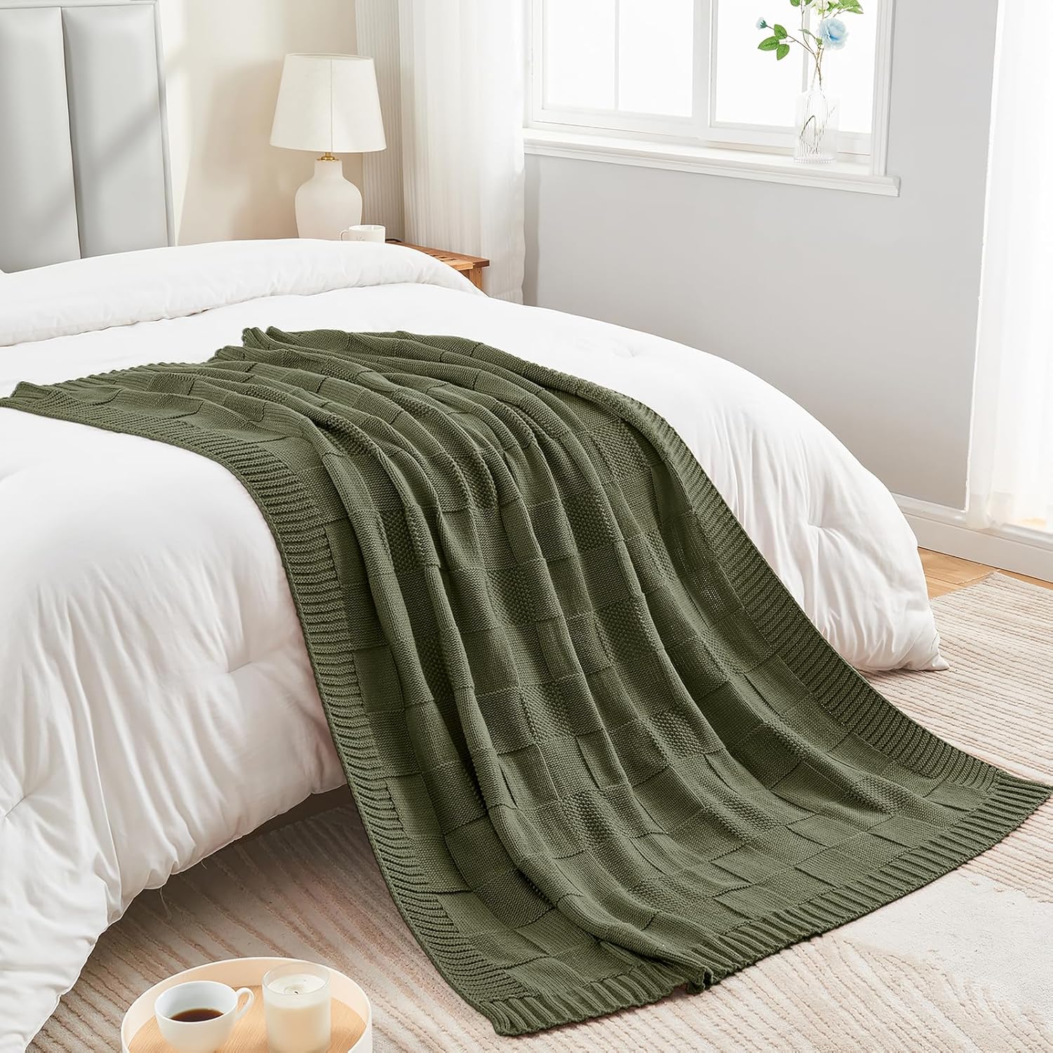 CozeCube Check Knit Throw Blanket, Olive Green Checkered Throw for Couch, Decorative Christmas Soft Cozy Warm Knitted Blanket for Bed Sofa Living Room, 50"X60" - Image 7
