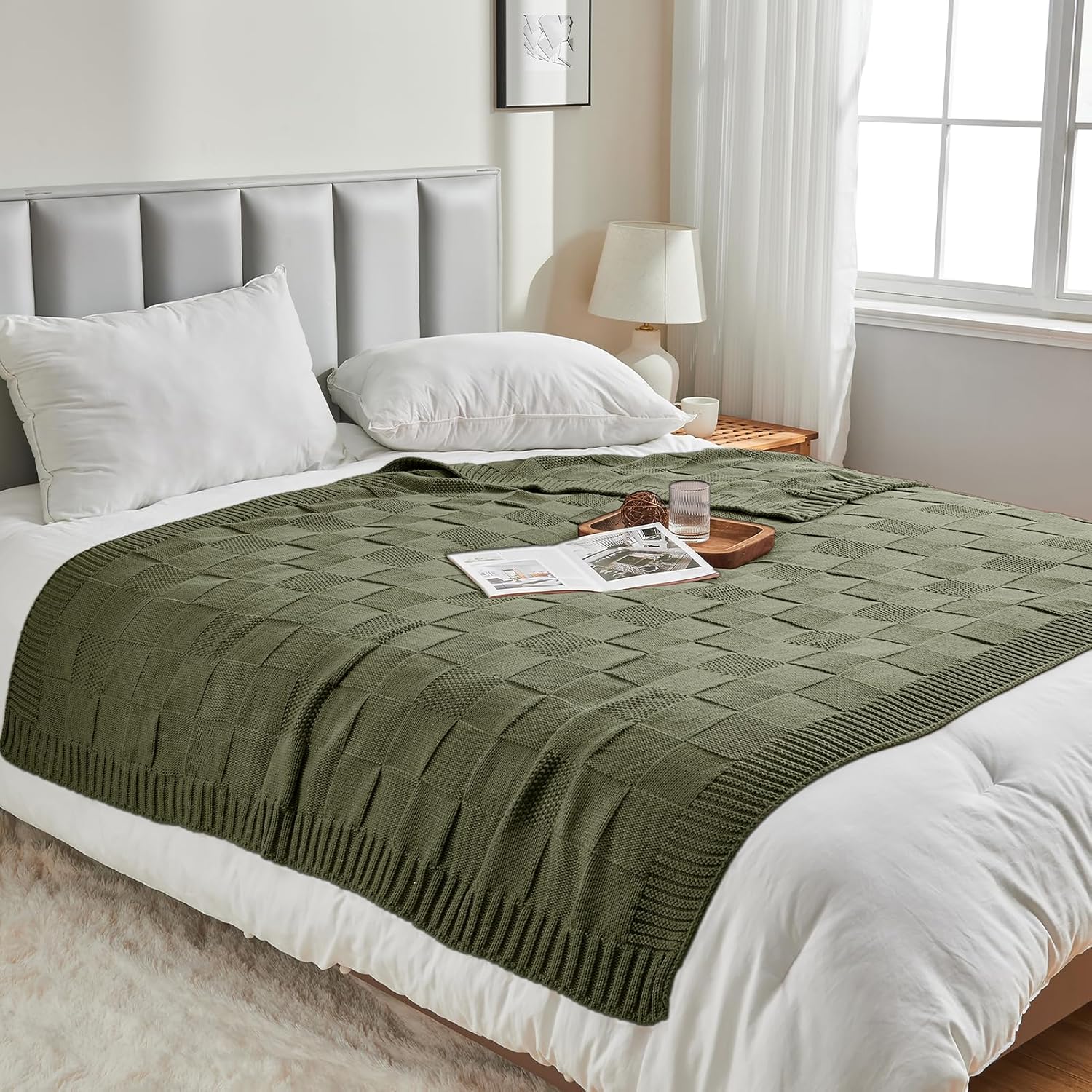 CozeCube Check Knit Throw Blanket, Olive Green Checkered Throw for Couch, Decorative Christmas Soft Cozy Warm Knitted Blanket for Bed Sofa Living Room, 50"X60" - Image 6