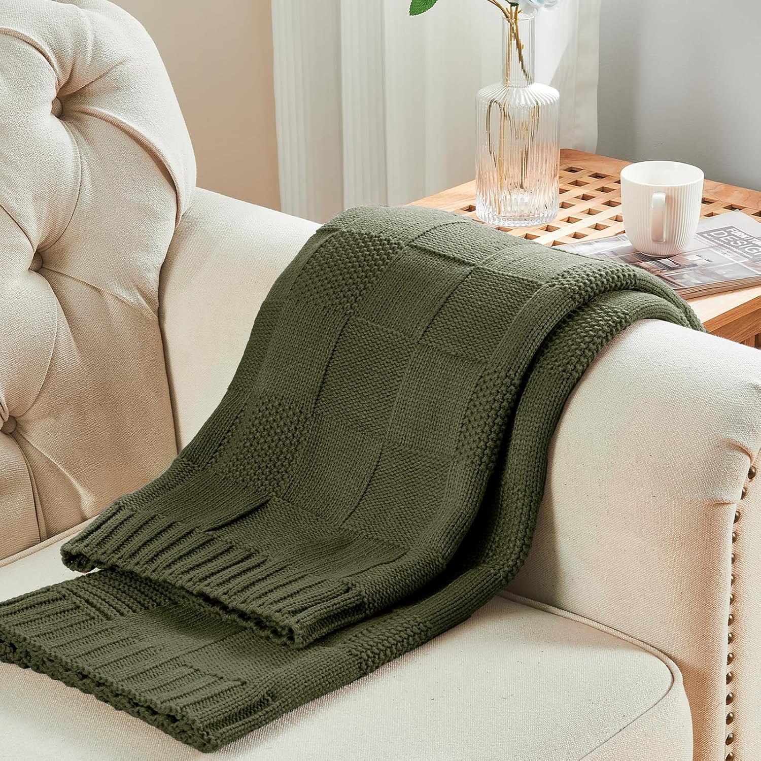 CozeCube Check Knit Throw Blanket, Olive Green Checkered Throw for Couch, Decorative Christmas Soft Cozy Warm Knitted Blanket for Bed Sofa Living Room, 50"X60" - Image 5