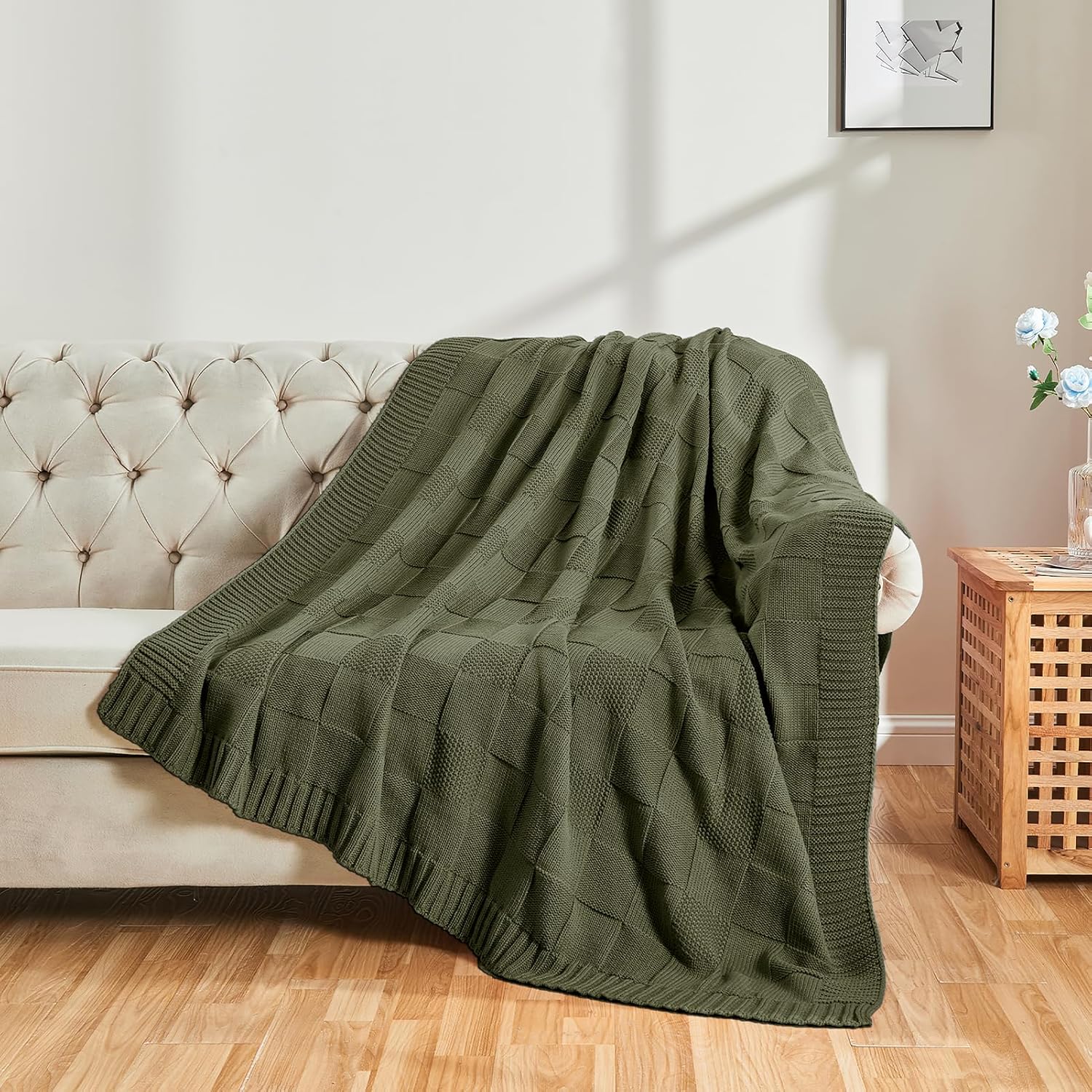 CozeCube Check Knit Throw Blanket, Olive Green Checkered Throw for Couch, Decorative Christmas Soft Cozy Warm Knitted Blanket for Bed Sofa Living Room, 50"X60" - Image 4