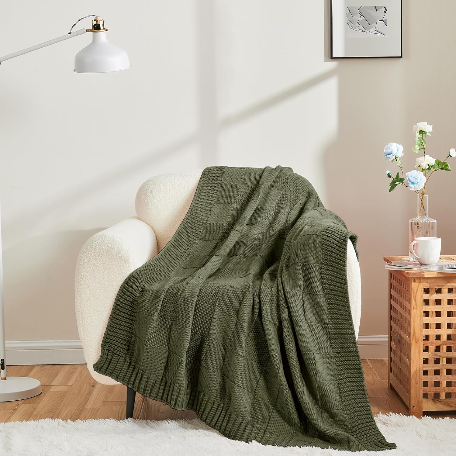 CozeCube Check Knit Throw Blanket, Olive Green Checkered Throw for Couch, Decorative Christmas Soft Cozy Warm Knitted Blanket for Bed Sofa Living Room, 50"X60" - Image 3