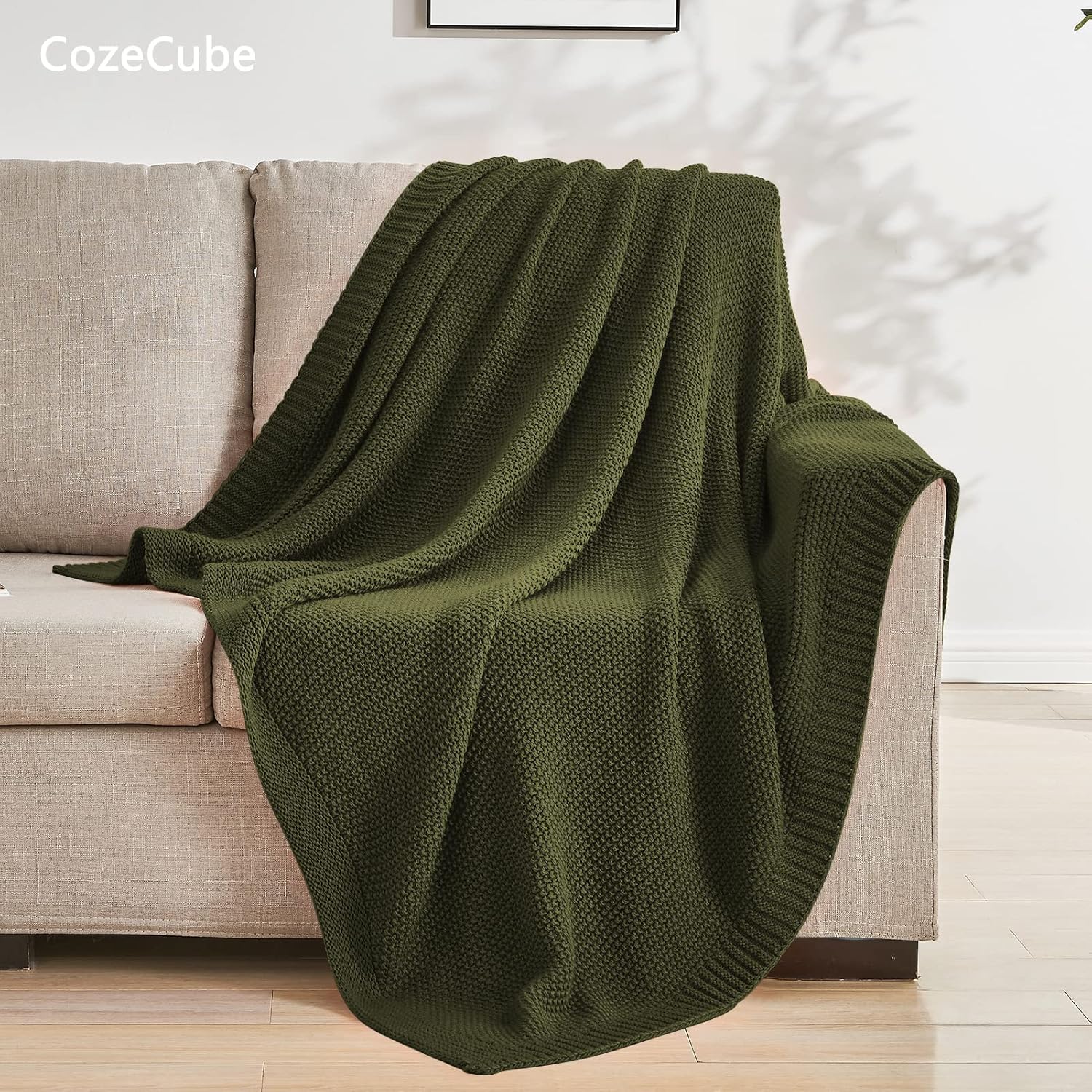 CozeCube Olive Green Throw Blanket for Couch, Soft Cozy Cable Knit Throw for Bed Sofa Living Room, Lightweight Warm Decorative Farmhouse Christmas Blanket, 50"x60", Olive Green - Image 3