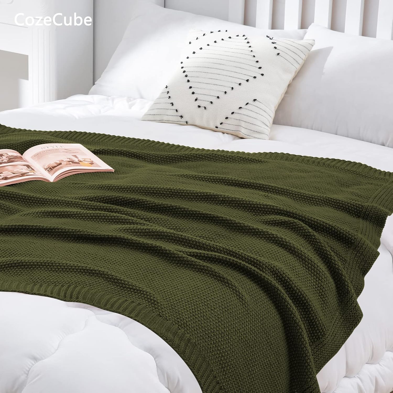CozeCube Olive Green Throw Blanket for Couch, Soft Cozy Cable Knit Throw for Bed Sofa Living Room, Lightweight Warm Decorative Farmhouse Christmas Blanket, 50"x60", Olive Green - Image 5