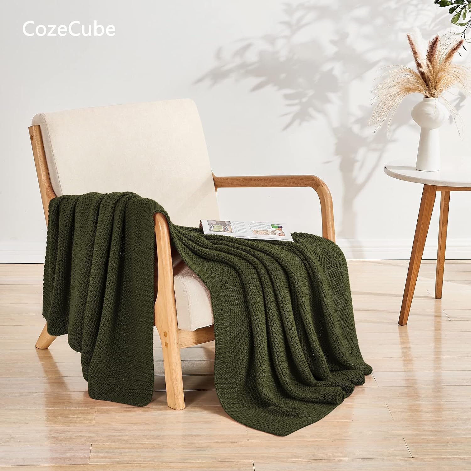 CozeCube Olive Green Throw Blanket for Couch, Soft Cozy Cable Knit Throw for Bed Sofa Living Room, Lightweight Warm Decorative Farmhouse Christmas Blanket, 50"x60", Olive Green - Image 2
