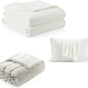 Cozy Bliss Faux Fur Throw Blanket 60 * 80 Inches and Cooling Comforter Queen Size 90 * 90 Inches and Cooling Pillowcase Queen Size 20 * 30 Inches