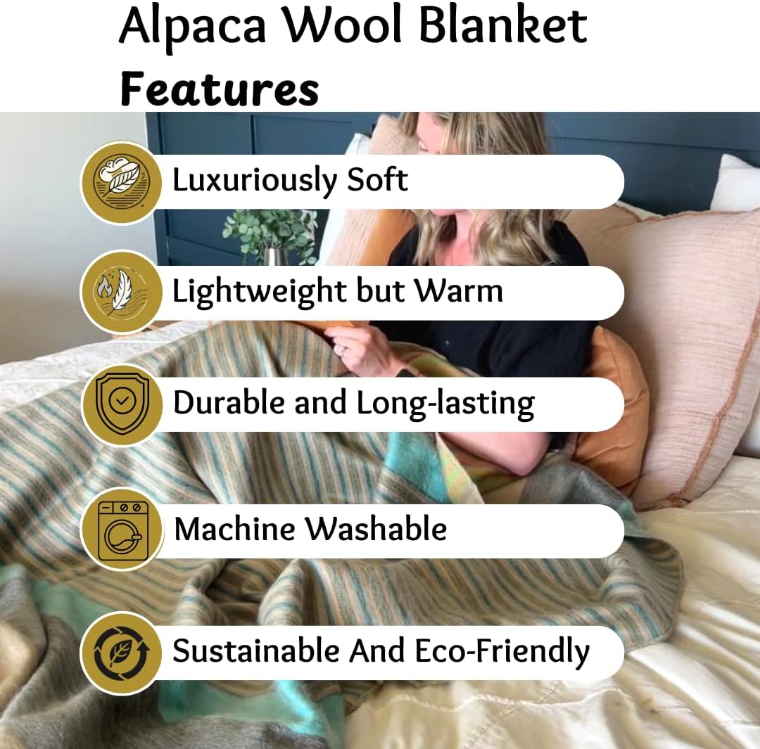DAVLINA Alpaca Wool Throw Blanket Green Gray Varicolored Queen i##e##s: Super Soft ^^ Non-Itchy ^^ Hypoallergenic ^^ Lightweight ^^ Breathable ^^ U.S. Standard :i##e##s - Image 7
