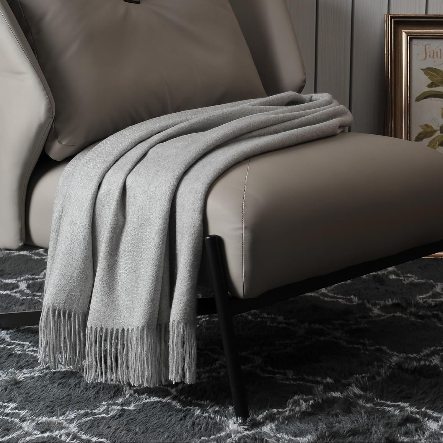 EP Mode 100% Pure Cashmere Throw Blanket Lt. Heather Grey i##e##s: Classic Design ^^ for Sofa ^^ with Gift Box :i##e##s - Image 4