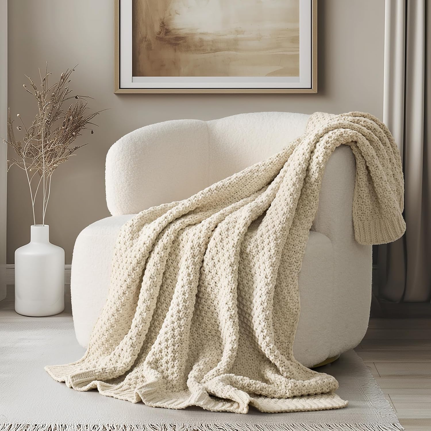 EVERGRACEHOME Chunky Chenille Knit Throw Blanket for Couch, Soft Luxurious Moss Stitch Blankets for Bed, Cozy Decorative Farmhouse Knitted Throws for Sofa, Beige, 60" x 80"