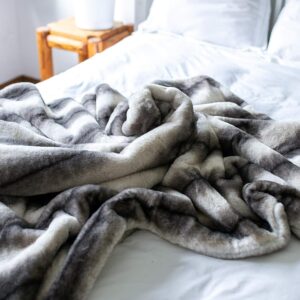 Faux Fur Throw Blanket Grey Striped Mink Chinchilla Shadow Fox Charcoal 55Wx70L i##e##s: Silky Soft ^^ Double Sided ^^ Oversized ^^ Machine Washable ^^ Afghan :i##e##s