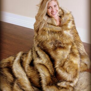 Fur Accents Coyote Faux Fur Throw Blanket/Plush Fur Face with Silky Soft Minky Cuddle Fur Backing - Large Adult Size 60"x72"