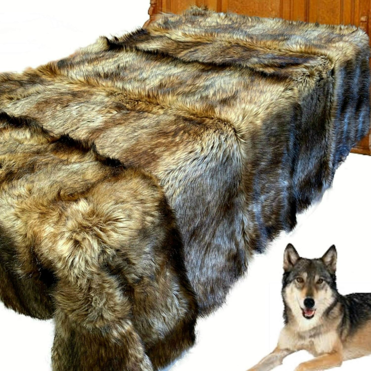 Fur Accents Exotic Pieced Fur - Golden Wolf - Faux Fur Throw Blanket - Bedspread - Extreme Luxury - Cuddle Fur Lining Hand Made - USA (5'x5') - Image 3
