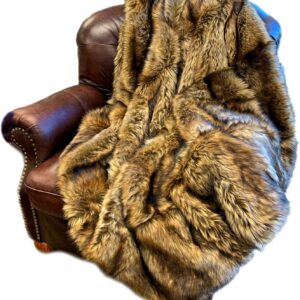 Fur Accents Exotic Pieced Fur - Golden Wolf - Faux Fur Throw Blanket - Bedspread - Extreme Luxury - Cuddle Fur Lining Hand Made - USA (5'x5')