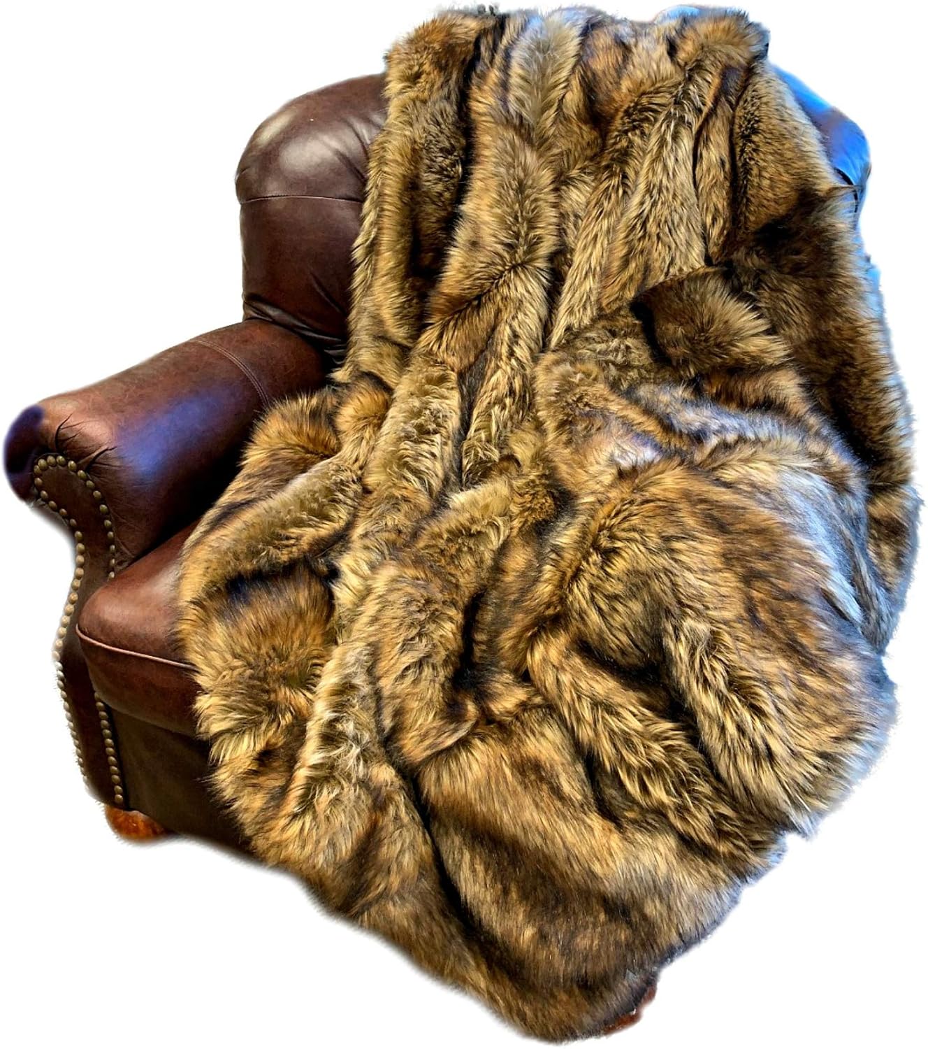 Fur Accents Exotic Pieced Fur - Golden Wolf - Faux Fur Throw Blanket - Bedspread - Extreme Luxury - Cuddle Fur Lining Hand Made - USA (5'x5')