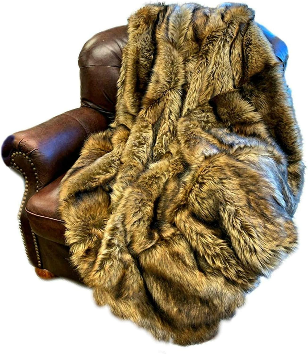 Fur Accents Exotic Pieced Fur - Golden Wolf - Faux Fur Throw Blanket - Bedspread - Extreme Luxury - Cuddle Fur Lining Hand Made - USA (5'x5') - Image 2