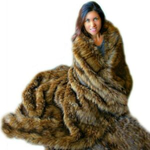 Fur Accents Sumptuous Faux Fur Throw Blanket, Medium Brown Wolf Fur with Soft Rabbit Minky Cuddle Fur Lining, Unisex Design Blanket for Men, Women,Teens,Children, Hand Made (King Size 100"x100")