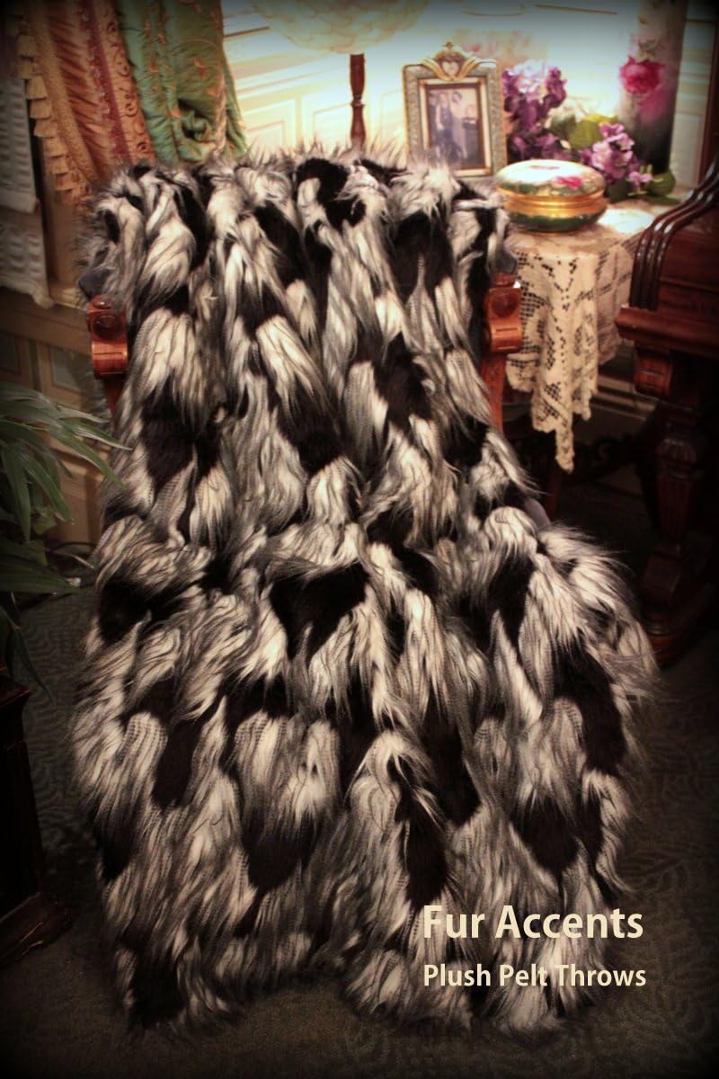 Fur Accents Throw Blanket/Coverlet/Black and White Feathery Luxury Faux Fur / 5'x6'