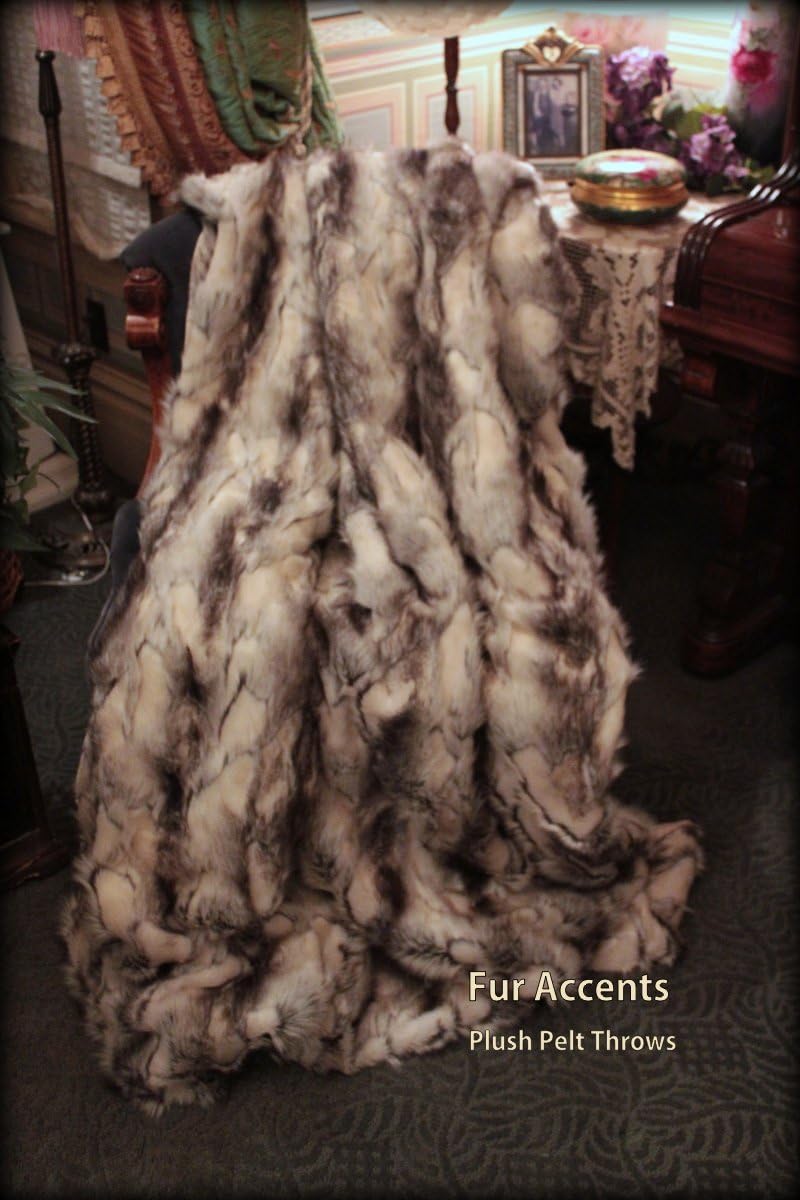 Fur Accents Throw Blanket/Coverlet/Gray Black and White Fox/Faux Fur Rabbit / 60"x72"