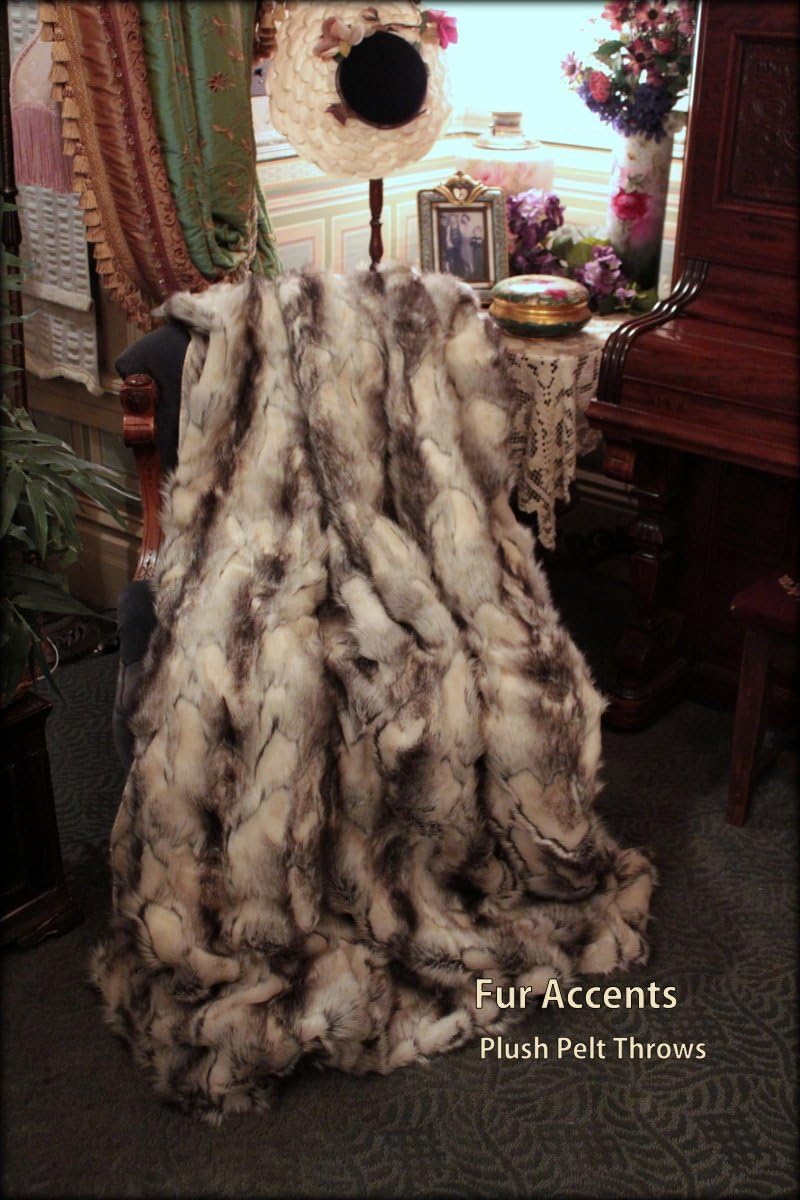 Fur Accents Throw Blanket/Coverlet/Gray Black and White Fox/Faux Fur Rabbit / 60"x72" - Image 4
